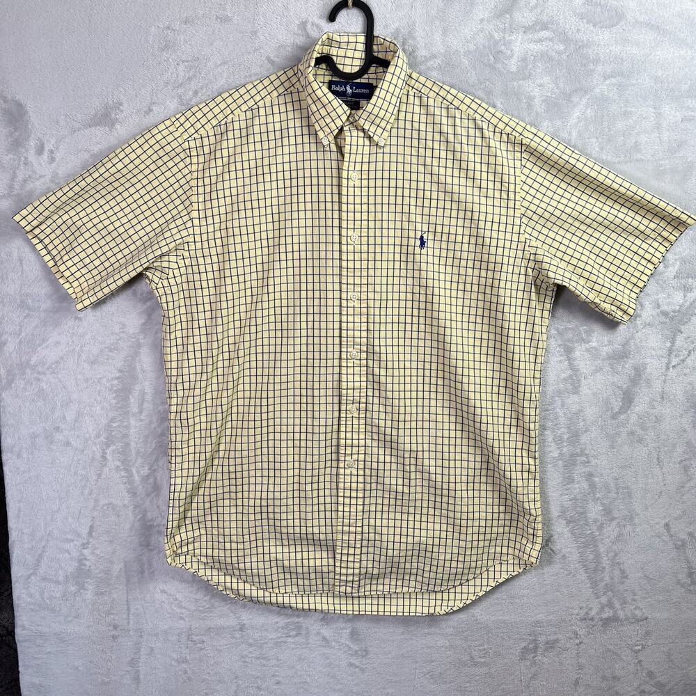 Ralph Lauren Button Up Short Sleeve Shirt Men's Medium Yellow Graph Check Cotton